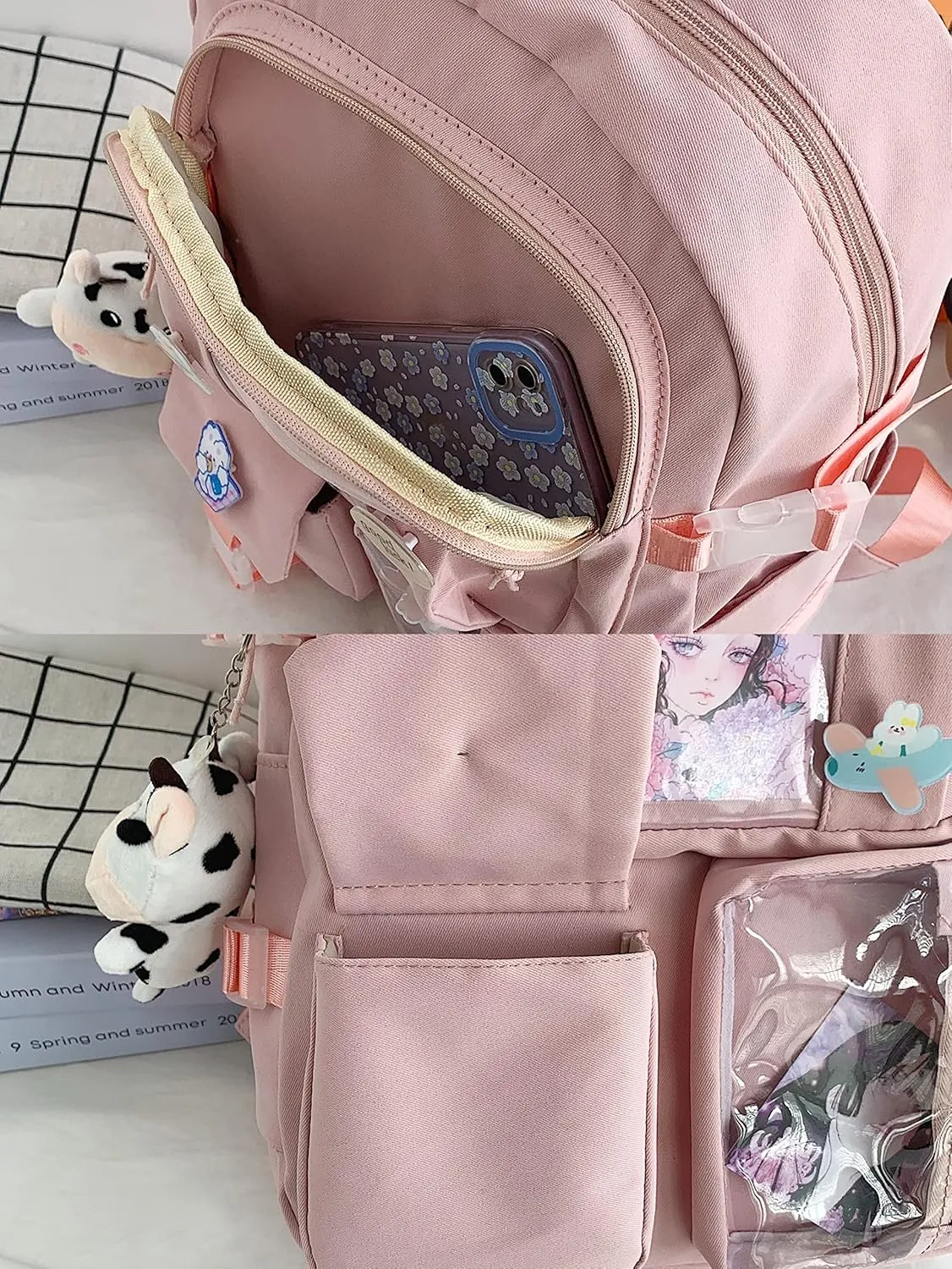 GGOOB Kawaii Backpack with Pins Kawaii School Backpack Cute Aesthetic Backpack Cute Kawaii Backpack for School (Beige, With Accessories)