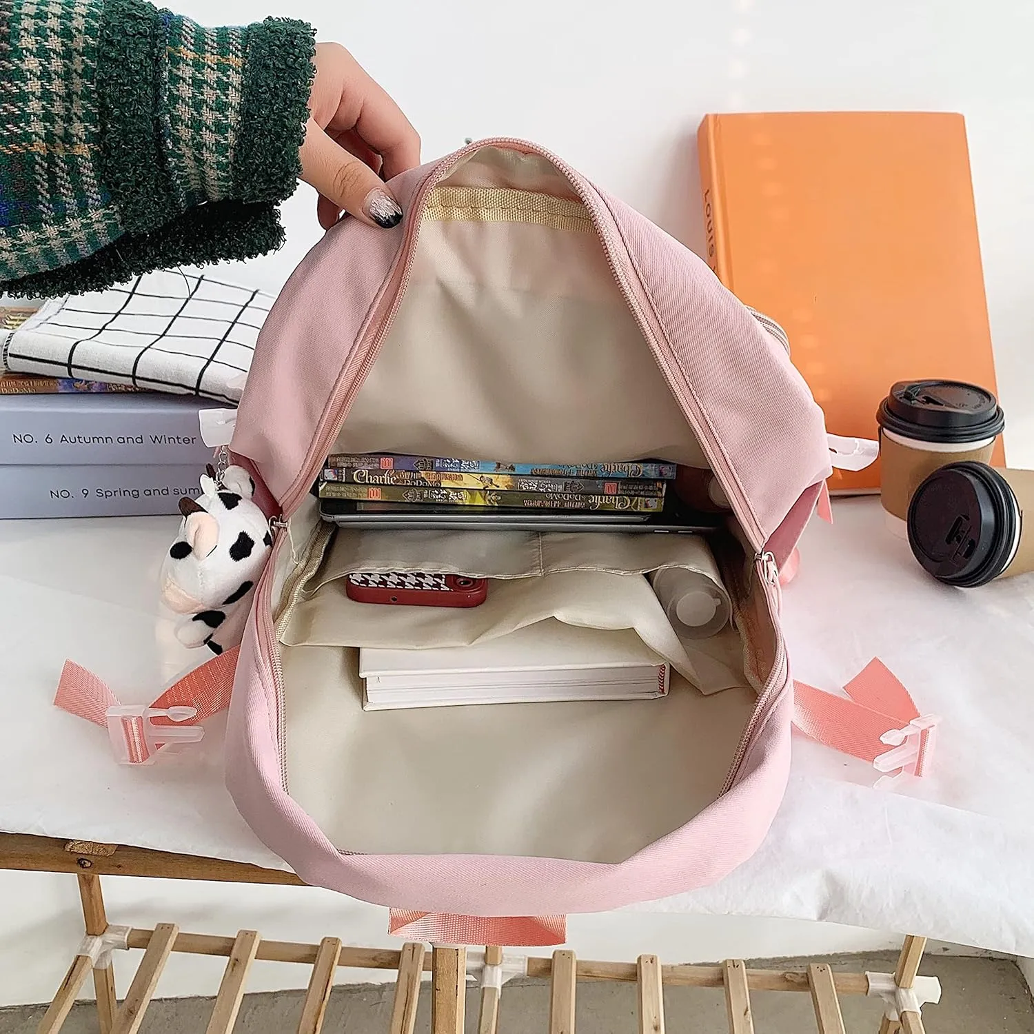 GGOOB Kawaii Backpack with Pins Kawaii School Backpack Cute Aesthetic Backpack Cute Kawaii Backpack for School (Beige, With Accessories)
