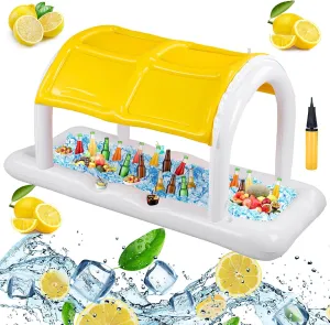 Giant Floating Yellow Cabana Drink Station Inflatable Pool Bar with Cup Holder Summer Pool Float with Canopy Sunshade Inflatable Serving Bar Food & Drinks Cooler for Party