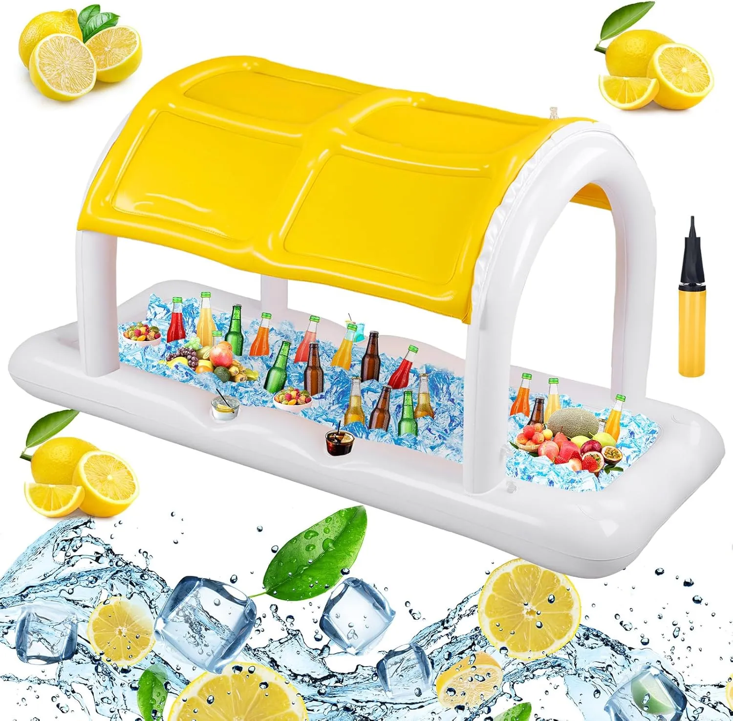 Giant Floating Yellow Cabana Drink Station Inflatable Pool Bar with Cup Holder Summer Pool Float with Canopy Sunshade Inflatable Serving Bar Food & Drinks Cooler for Party