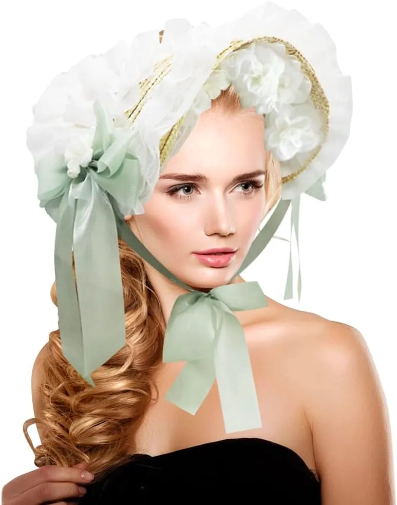 Girls Women Victorian Lolita Flat Bonnet Cap Tea Party Sun Hat Lace Bows Flower Ribbons Straw Hats