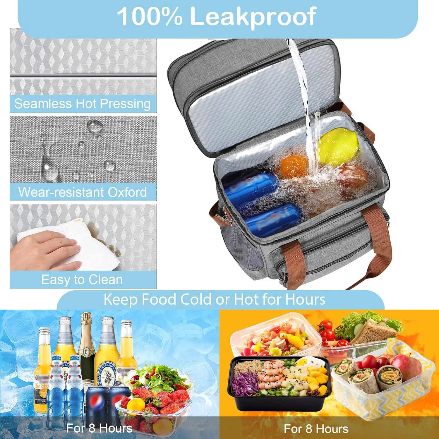 GLENKEY Double Deck Insulated Lunch Box, Expandable Large Lunch Bag Leakproof Cooler Bag Lunch Pail for Men Women Adults Work Shifts Travel Daytrip, Grey