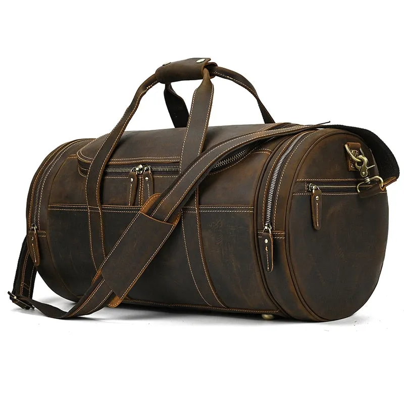 Globetrotter Barrel Duffel Bag Weekender, Leather, Dark Brown, One Size
