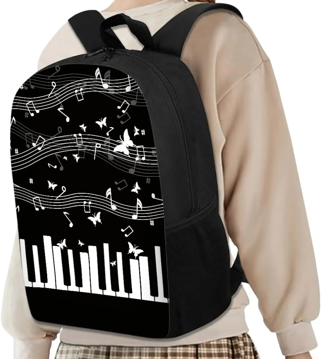 GLUDEAR Canvas Backpack Cute Black White Piano Keys Print Lightweight Teen Girls Backpacks School Book Bags,Butterfly