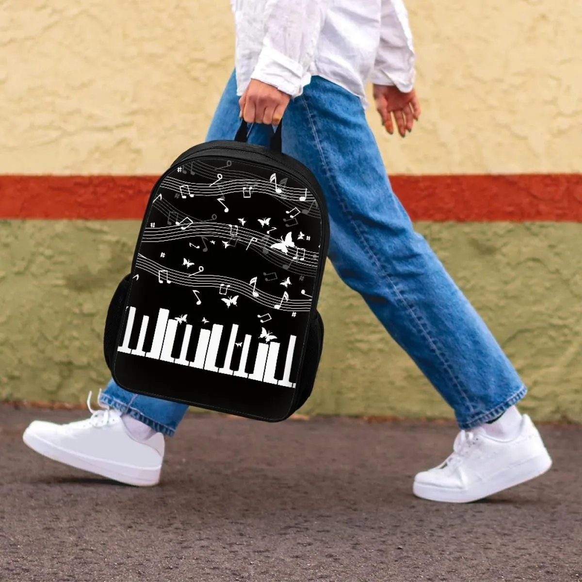GLUDEAR Canvas Backpack Cute Black White Piano Keys Print Lightweight Teen Girls Backpacks School Book Bags,Butterfly