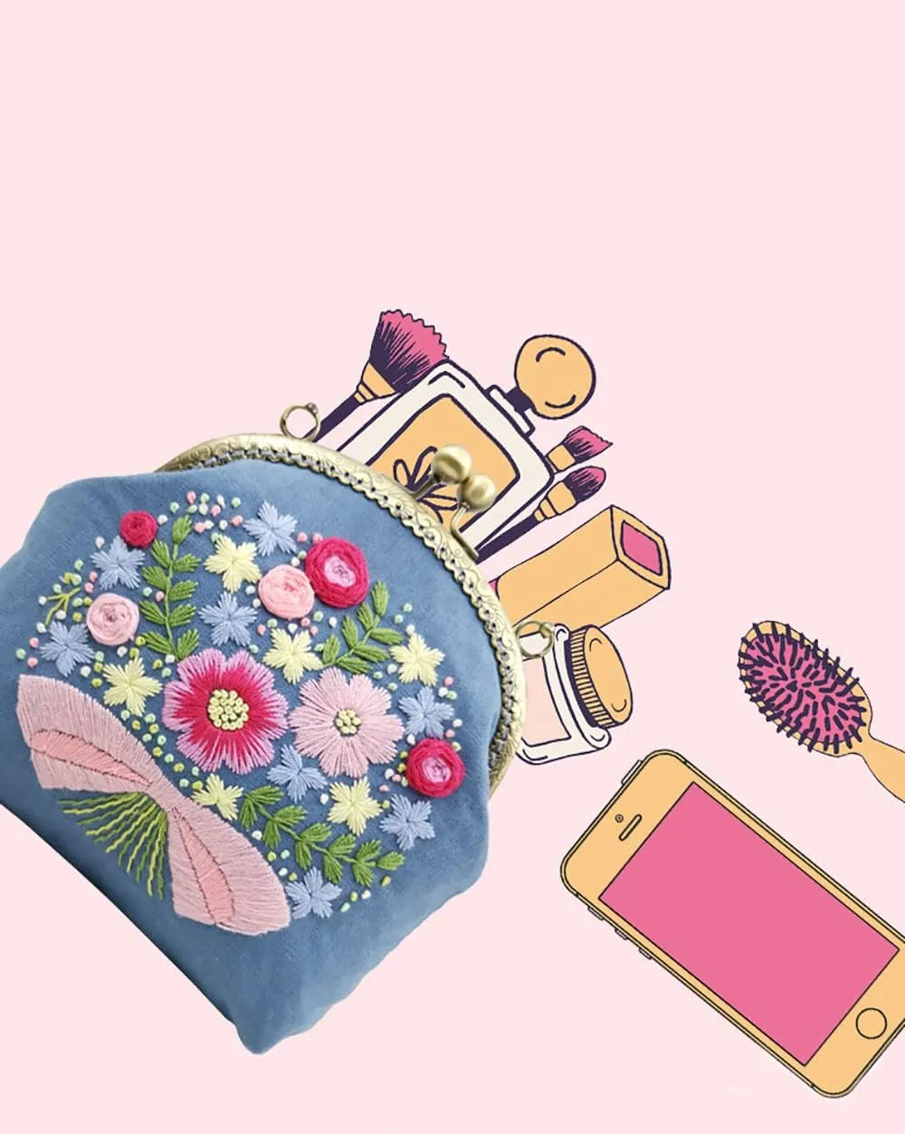 Gogobear Easy Embroidery DIY Bags Purse Wallet Handbag Pink Flowers Handmade Embroidered Handbag Crossbody