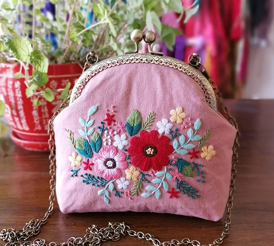 Gogobear Easy Embroidery DIY Bags Purse Wallet Handbag Pink Flowers Handmade Embroidered Handbag Crossbody