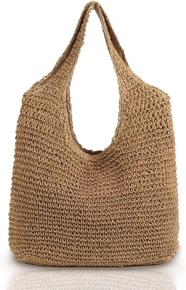 Gogobear Womens Handcrafted Summer Beach Tote Lightweight Woven Straw Shoulder Bag with Zipper