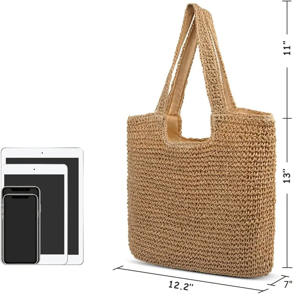 Gogobear Womens Handcrafted Summer Beach Tote Lightweight Woven Straw Shoulder Bag with Zipper