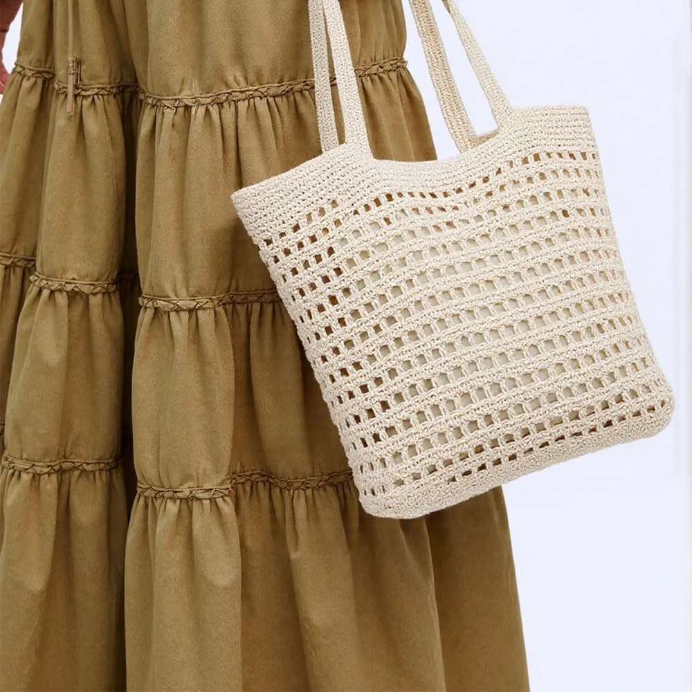 Gogobear Womens Handcrafted Summer Beach Tote Lightweight Woven Straw Shoulder Bag with Zipper