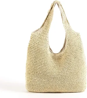 Gogobear Womens Handcrafted Summer Beach Tote Lightweight Woven Straw Shoulder Bag with Zipper