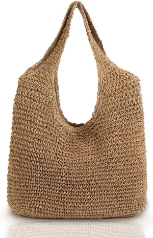 Gogobear Womens Handcrafted Summer Beach Tote Lightweight Woven Straw Shoulder Bag with Zipper