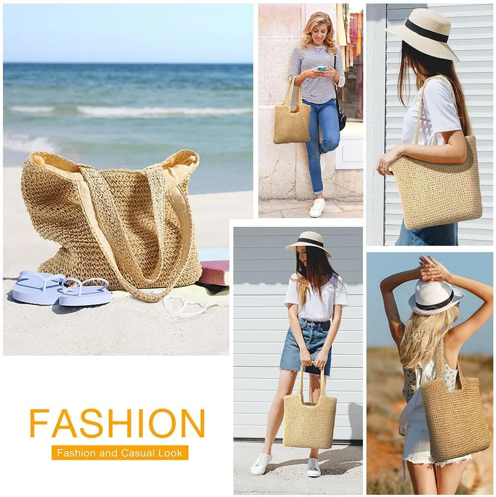 Gogobear Womens Handcrafted Summer Beach Tote Lightweight Woven Straw Shoulder Bag with Zipper