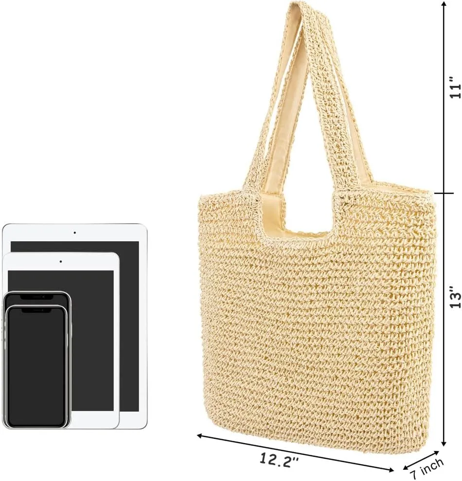 Gogobear Womens Handcrafted Summer Beach Tote Lightweight Woven Straw Shoulder Bag with Zipper