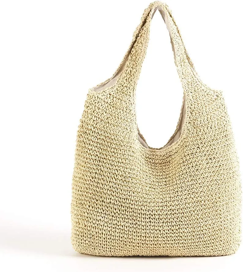 Gogobear Womens Handcrafted Summer Beach Tote Lightweight Woven Straw Shoulder Bag with Zipper