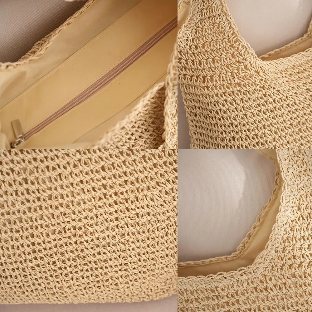 Gogobear Womens Handcrafted Summer Beach Tote Lightweight Woven Straw Shoulder Bag with Zipper