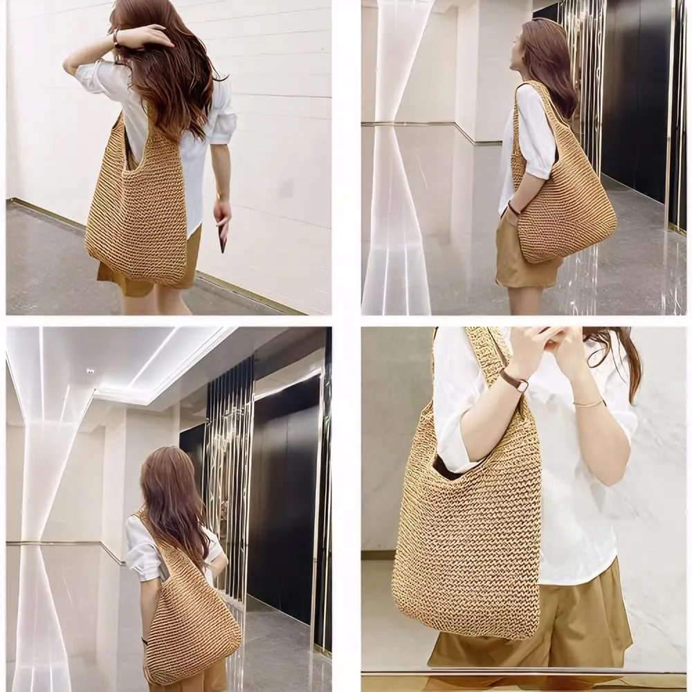 Gogobear Womens Handcrafted Summer Beach Tote Lightweight Woven Straw Shoulder Bag with Zipper
