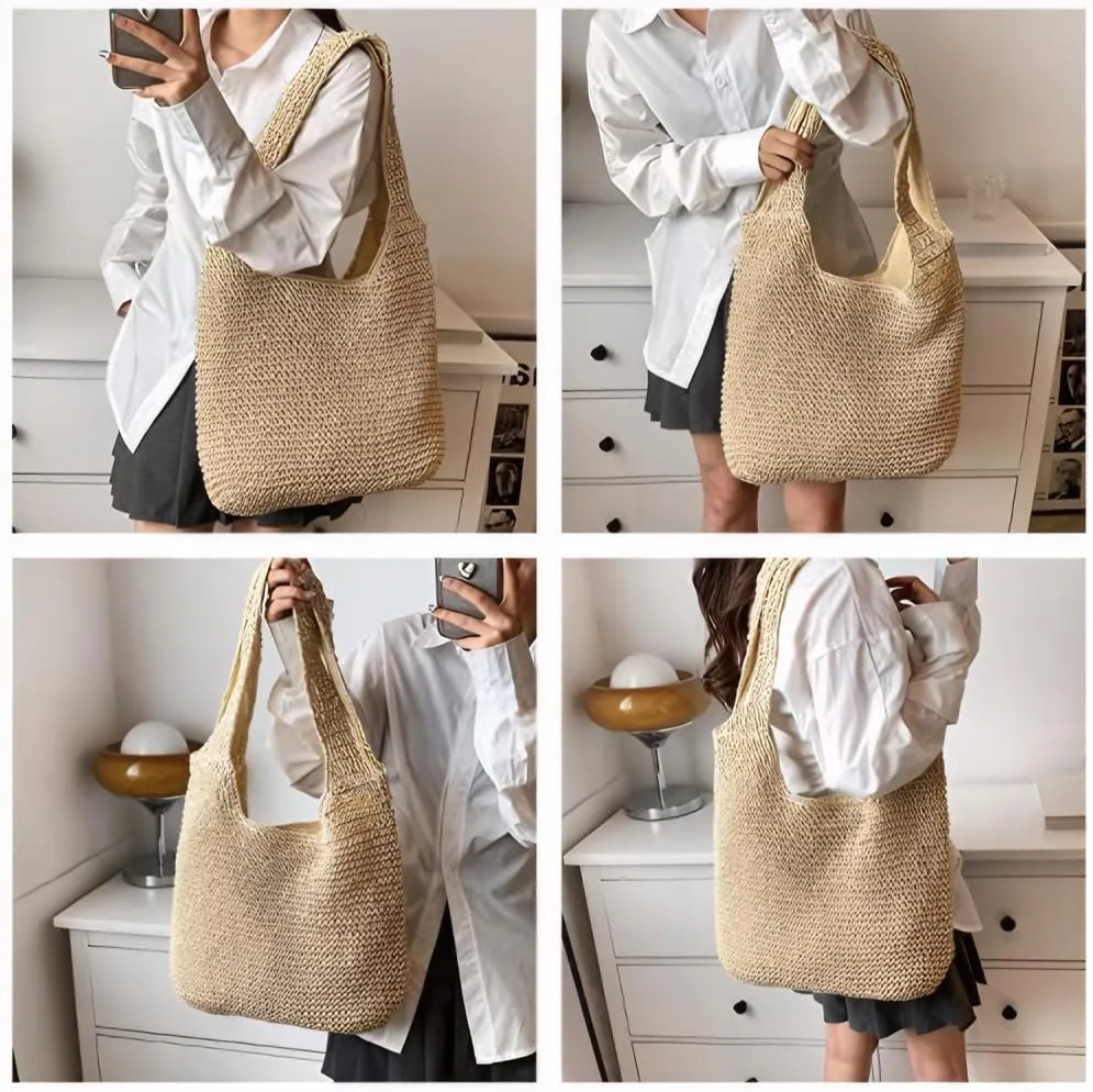Gogobear Womens Handcrafted Summer Beach Tote Lightweight Woven Straw Shoulder Bag with Zipper