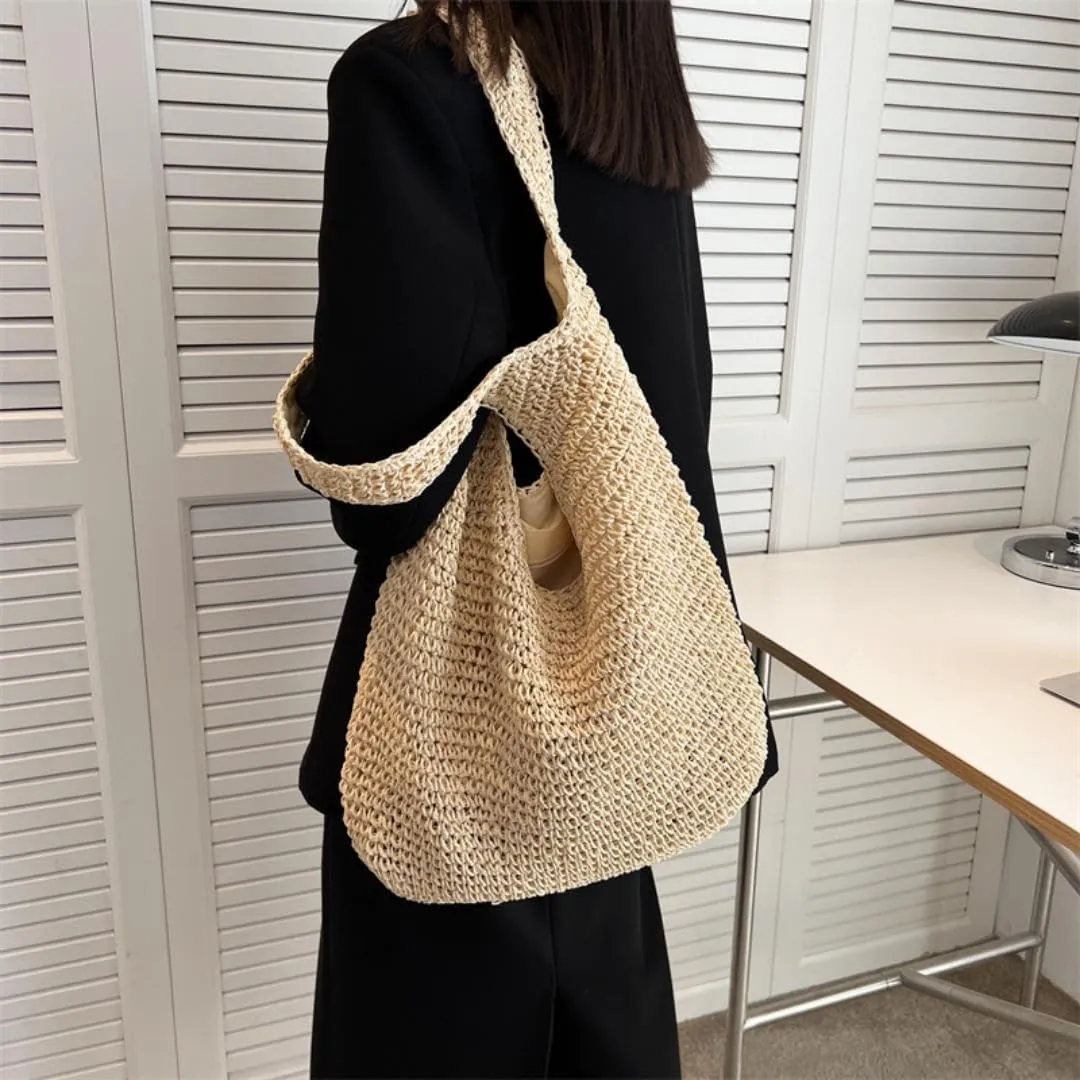 Gogobear Womens Handcrafted Summer Beach Tote Lightweight Woven Straw Shoulder Bag with Zipper