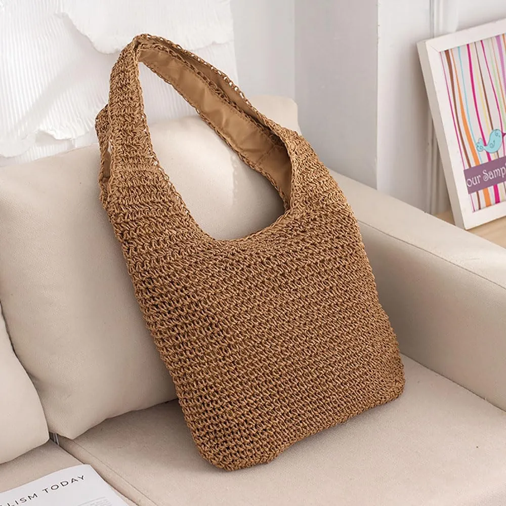 Gogobear Womens Handcrafted Summer Beach Tote Lightweight Woven Straw Shoulder Bag with Zipper