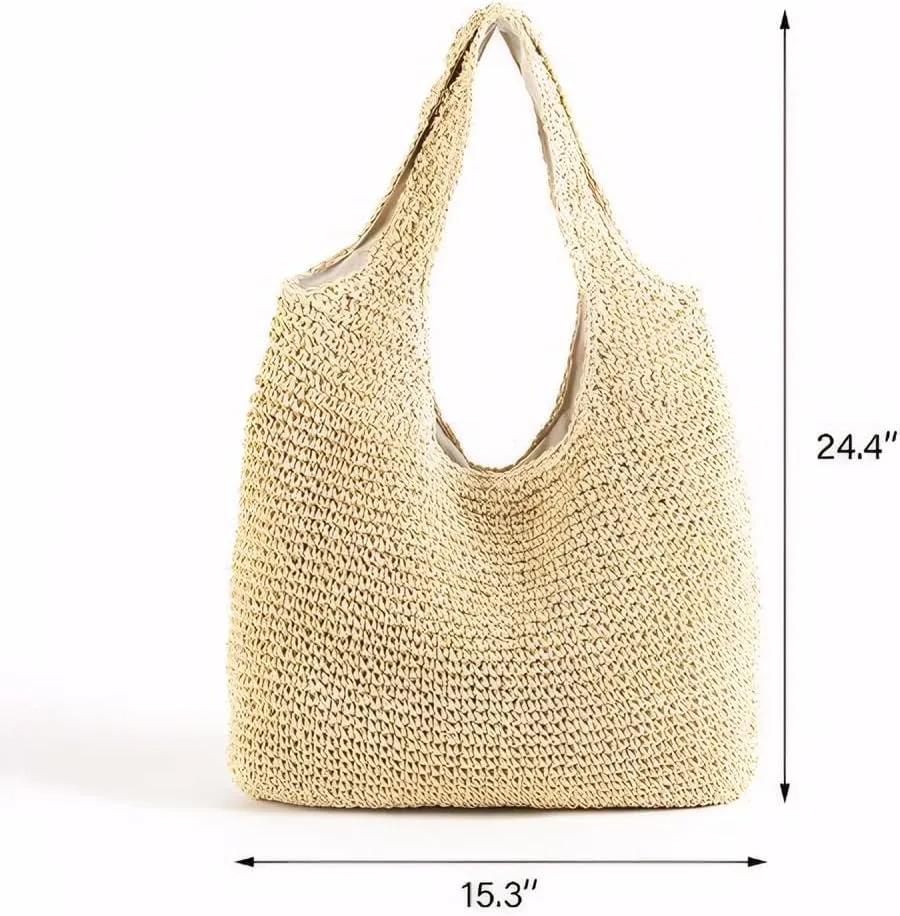Gogobear Womens Handcrafted Summer Beach Tote Lightweight Woven Straw Shoulder Bag with Zipper