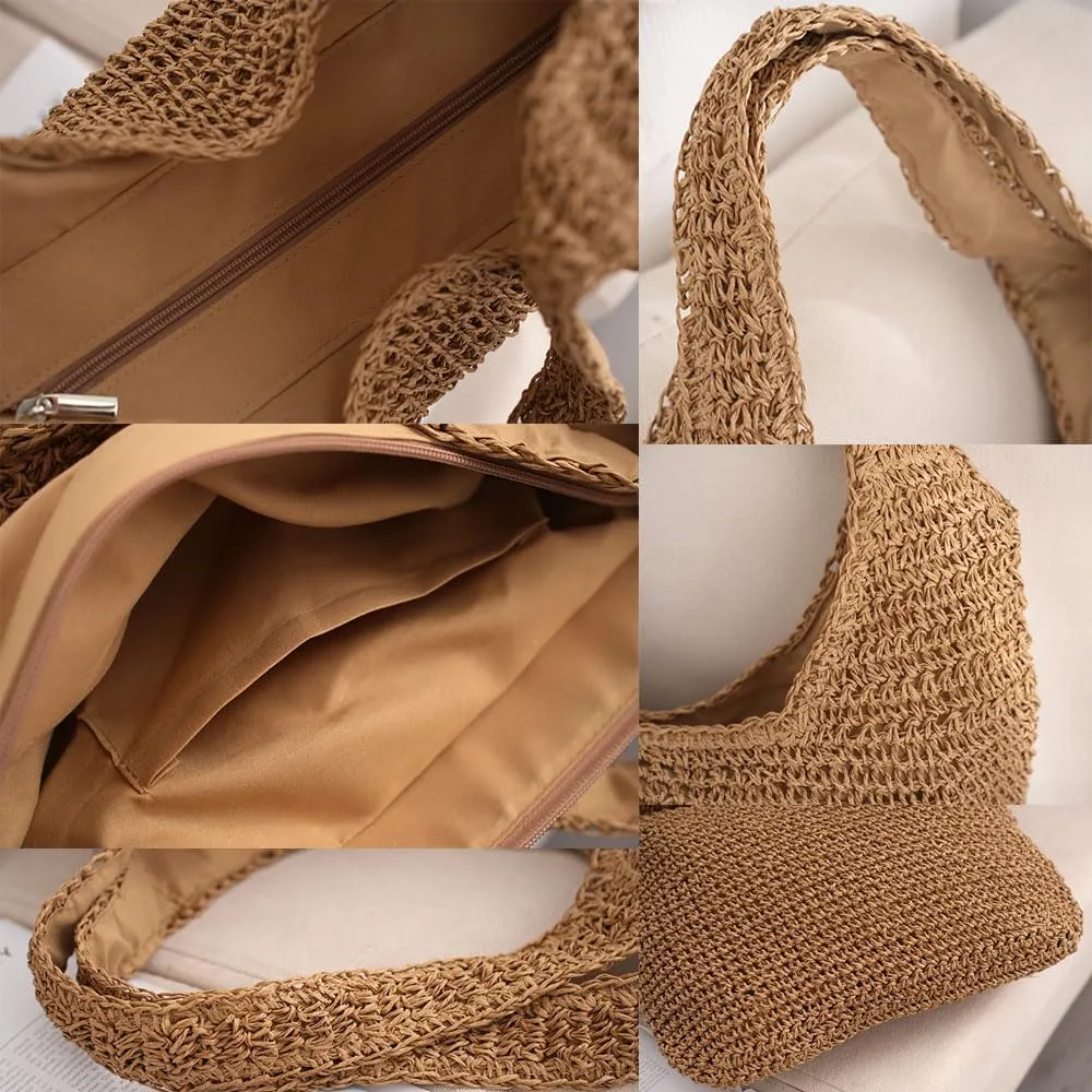 Gogobear Womens Handcrafted Summer Beach Tote Lightweight Woven Straw Shoulder Bag with Zipper
