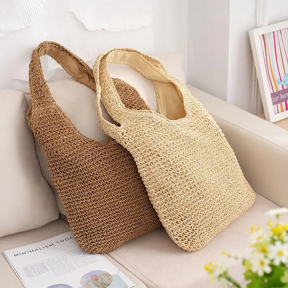 Gogobear Womens Handcrafted Summer Beach Tote Lightweight Woven Straw Shoulder Bag with Zipper