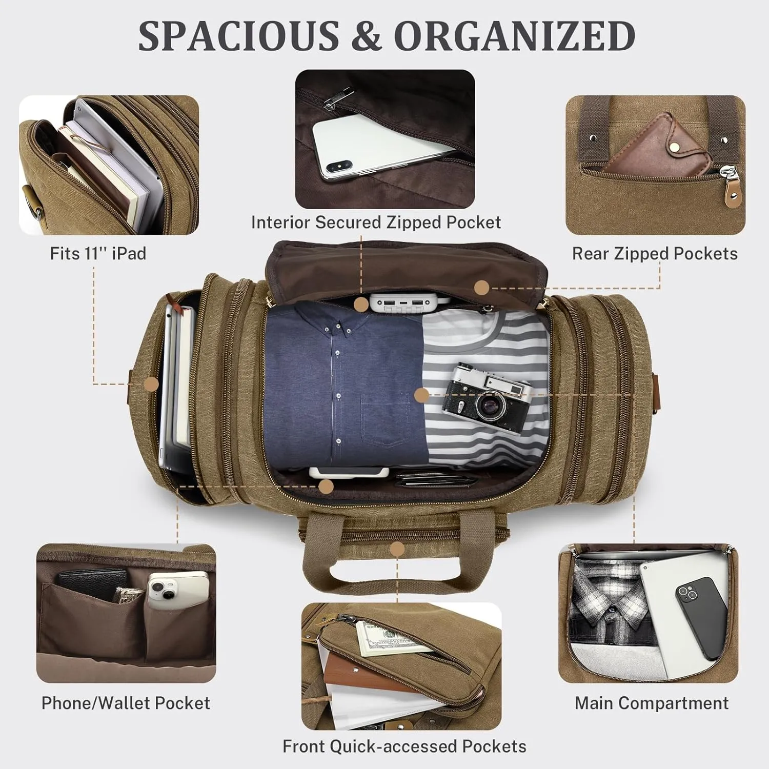 Gonex Canvas Duffle Bag for Travel, 50L Duffel Overnight Weekend Bag(Coffee)