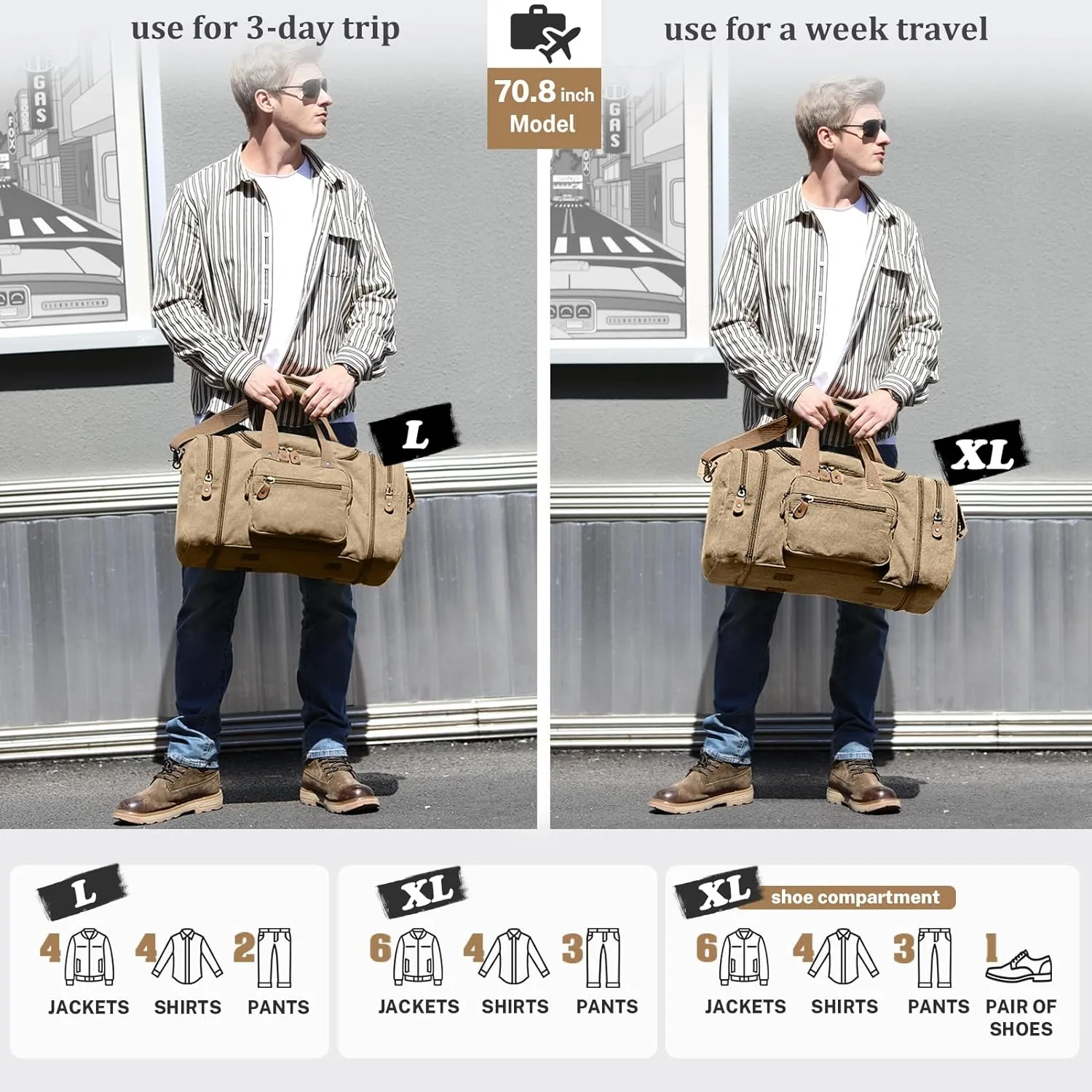 Gonex Canvas Duffle Bag for Travel, 50L Duffel Overnight Weekend Bag(Coffee)