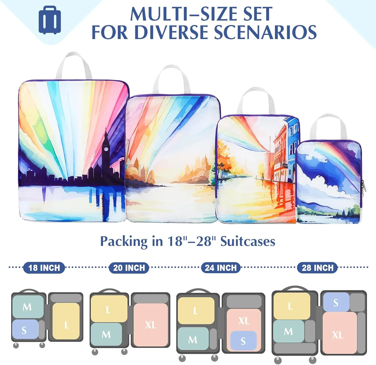 Gonex Compression Packing Cubes, 4pcs Expandable Storage Travel Luggage Bags Organizers, Travel Cubes for Suitcase Carry On (Rainbow)