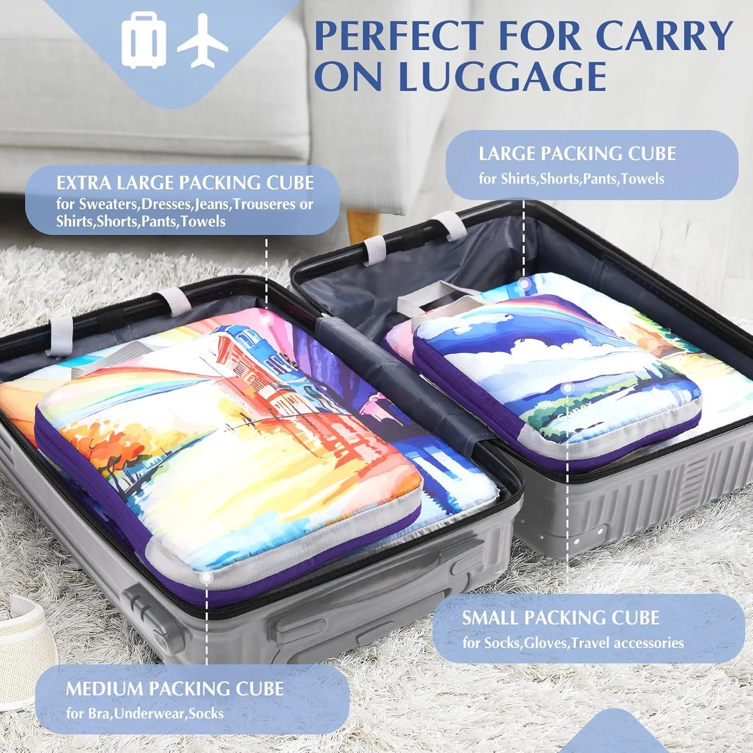 Gonex Compression Packing Cubes, 4pcs Expandable Storage Travel Luggage Bags Organizers, Travel Cubes for Suitcase Carry On (Rainbow)