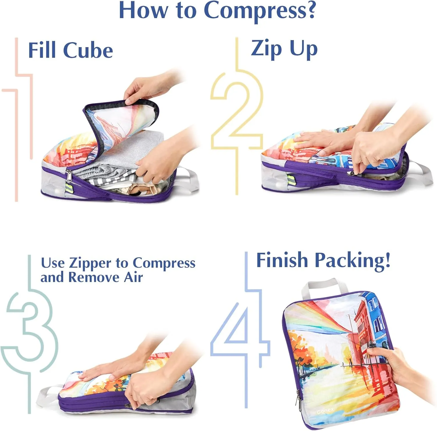 Gonex Compression Packing Cubes, 4pcs Expandable Storage Travel Luggage Bags Organizers, Travel Cubes for Suitcase Carry On (Rainbow)