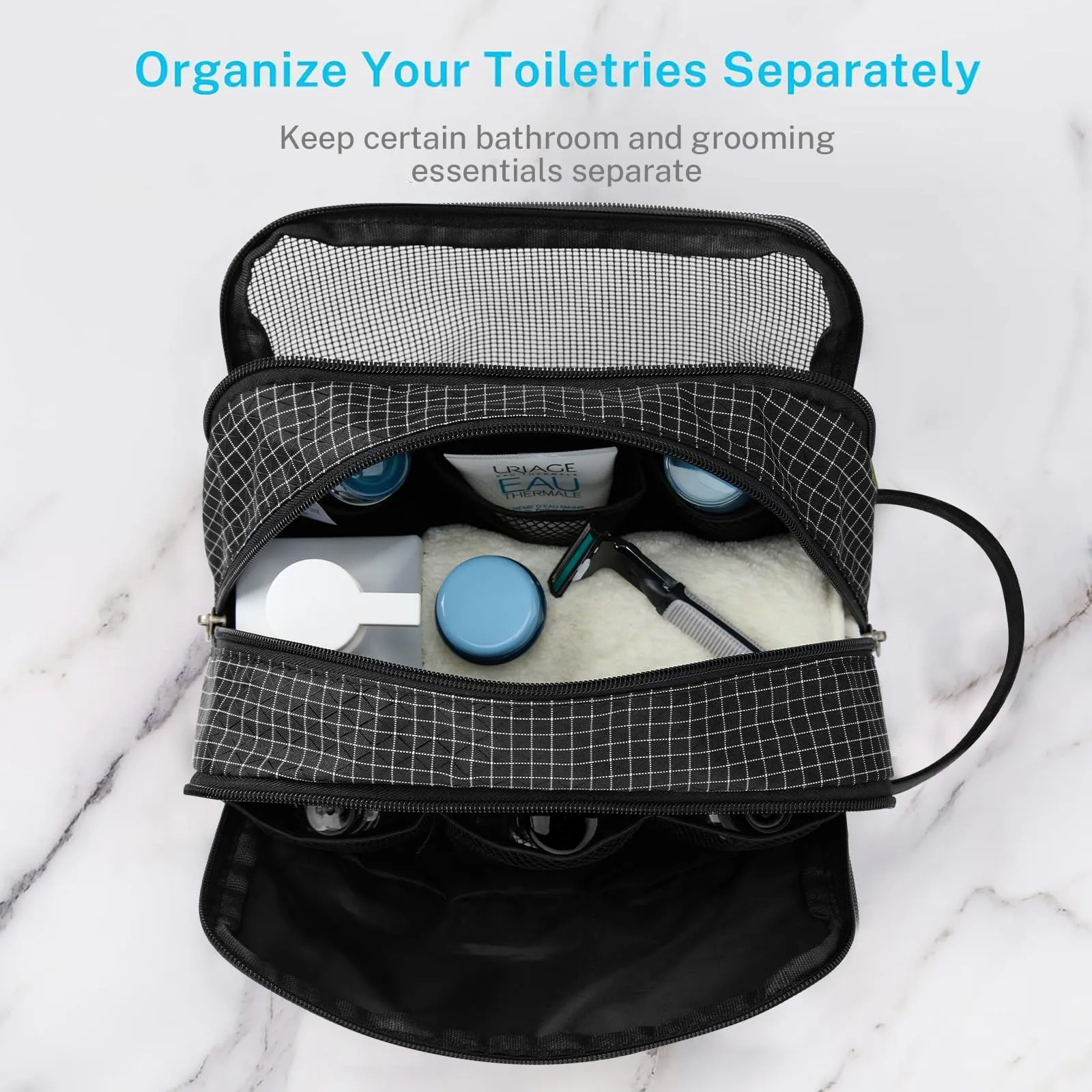 Gonex Travel Toiletry Bag Nylon, Dopp Kit Shaving Bag Toiletry Organizer Checkered Pattern (Black)