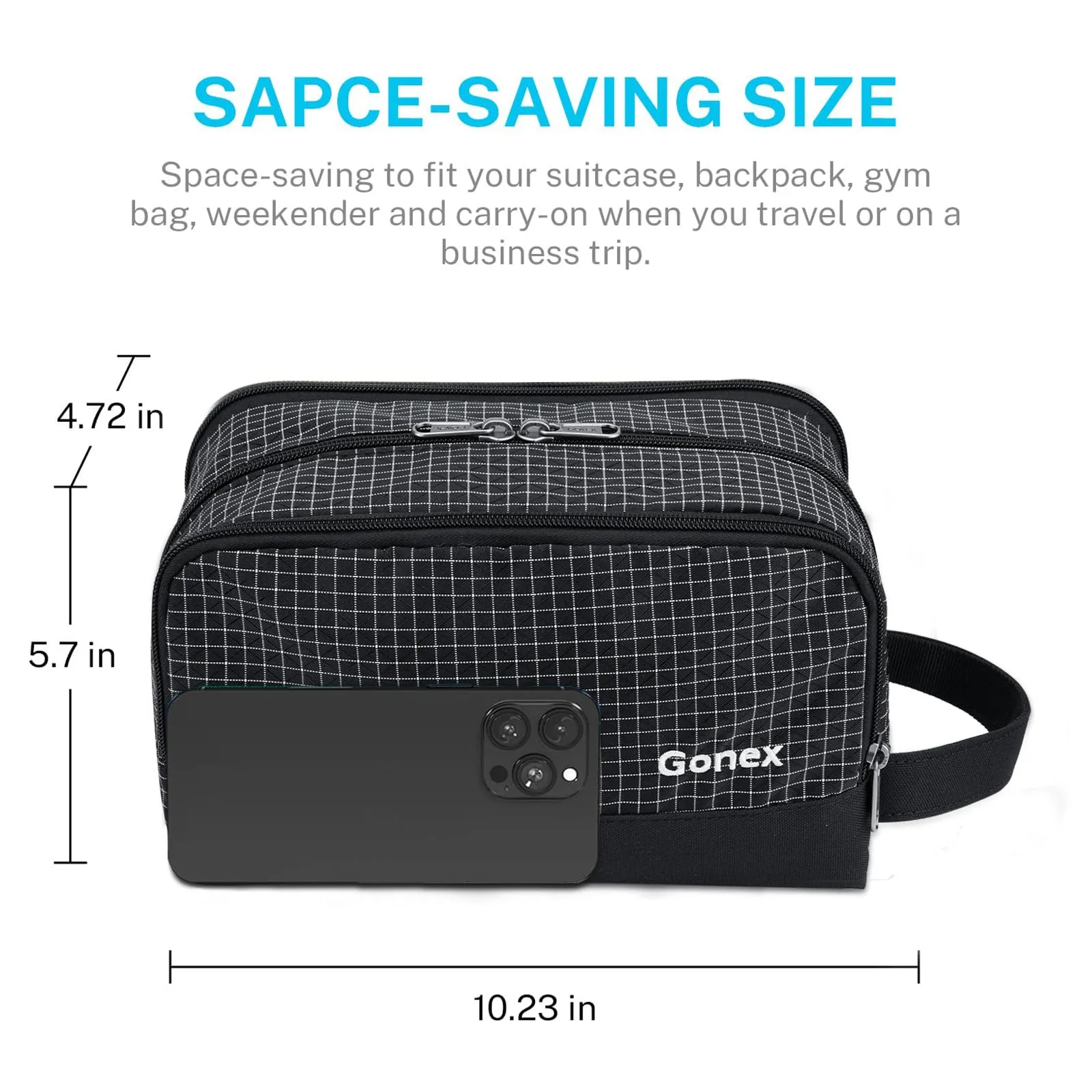 Gonex Travel Toiletry Bag Nylon, Dopp Kit Shaving Bag Toiletry Organizer Checkered Pattern (Black)