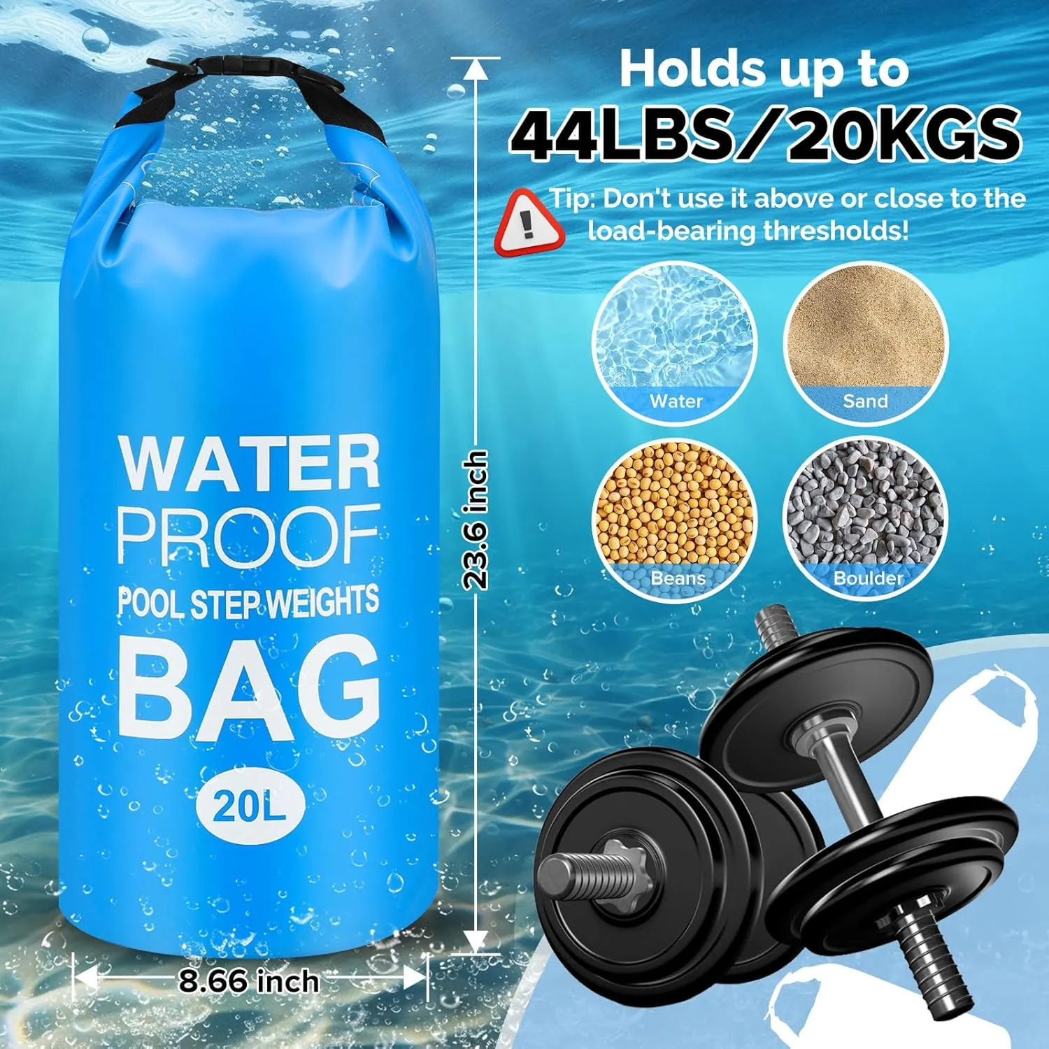 Goovilla Pool Ladder Weights Universal | 2 Pack 20L 500D PVC Waterproof Tear-Resistance Sand Bags for Above Ground Pools Steps | Easy to Fill and Seal with Strong Handle and 4 Straps (Sky Blue)