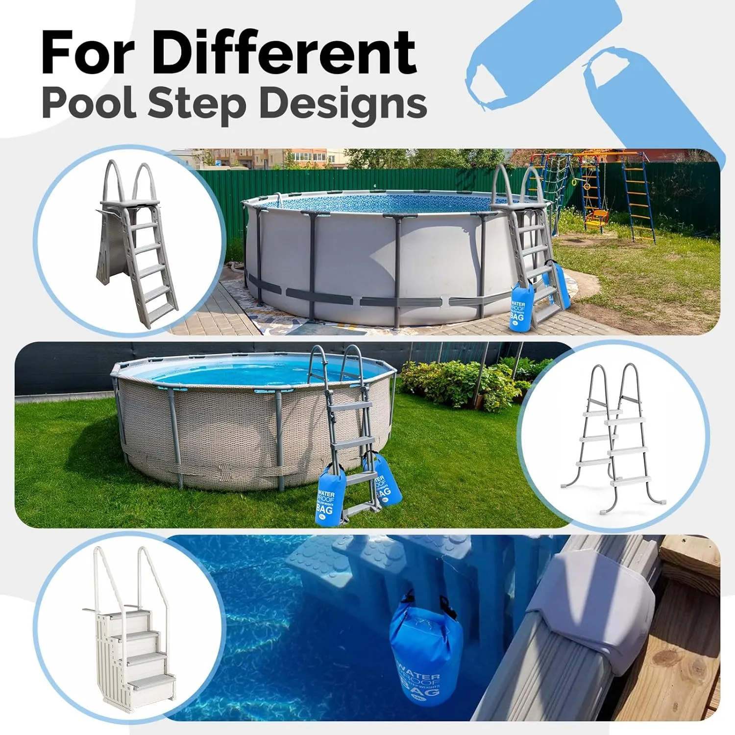 Goovilla Pool Ladder Weights Universal | 2 Pack 20L 500D PVC Waterproof Tear-Resistance Sand Bags for Above Ground Pools Steps | Easy to Fill and Seal with Strong Handle and 4 Straps (Sky Blue)