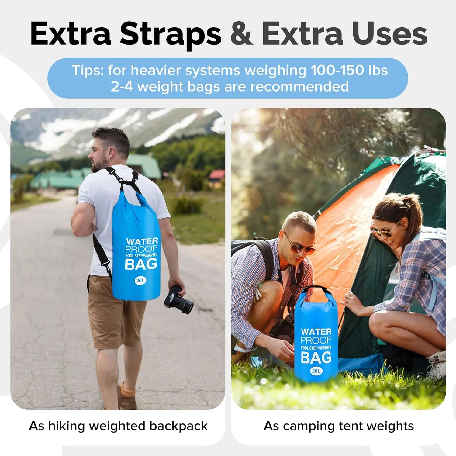 Goovilla Pool Ladder Weights Universal | 2 Pack 20L 500D PVC Waterproof Tear-Resistance Sand Bags for Above Ground Pools Steps | Easy to Fill and Seal with Strong Handle and 4 Straps (Sky Blue)