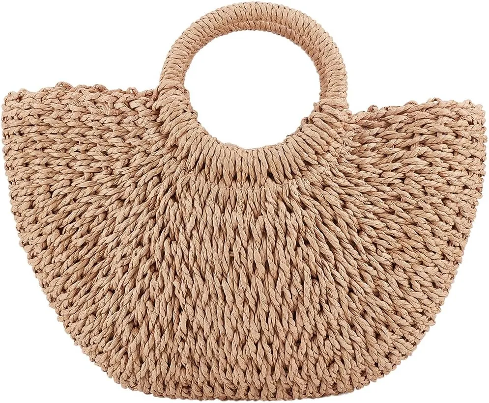 GORGECFAFT Straw Tote Bag Semi Circle Straw Bag Summer Tote Shoulder Bag Handmade Large Straw Tote Bag Womens Rattan Woven Beach Handbag Round Top Handle Handbag for Women Travel Holiday