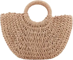 GORGECFAFT Straw Tote Bag Semi Circle Straw Bag Summer Tote Shoulder Bag Handmade Large Straw Tote Bag Womens Rattan Woven Beach Handbag Round Top Handle Handbag for Women Travel Holiday