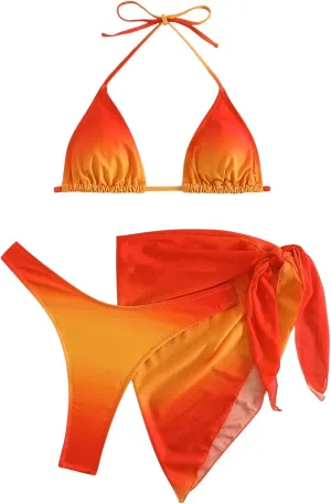 GORGLITTER Women's 3 Piece Swimsuits Triangle Bikini Set with Mesh Cover Up Beach Skirt