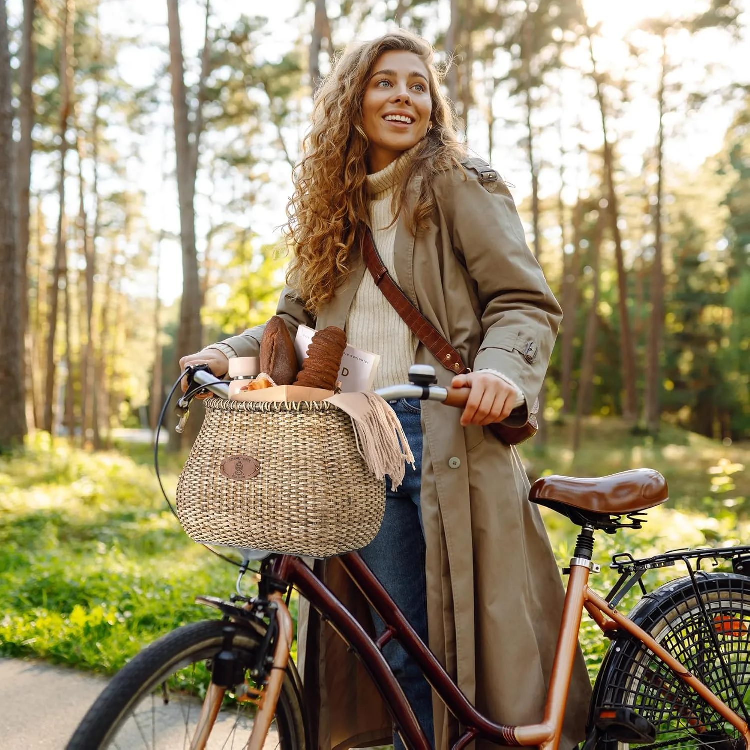 GRANNY SAYS Bike Basket Front, Natural Rattan Wicker Bike Baskets, Bicycle Basket with Cup Holder, Handmade Woven Bike Baskets for Women and Men, Storage Basket for Beach Cruisers, Ebikes