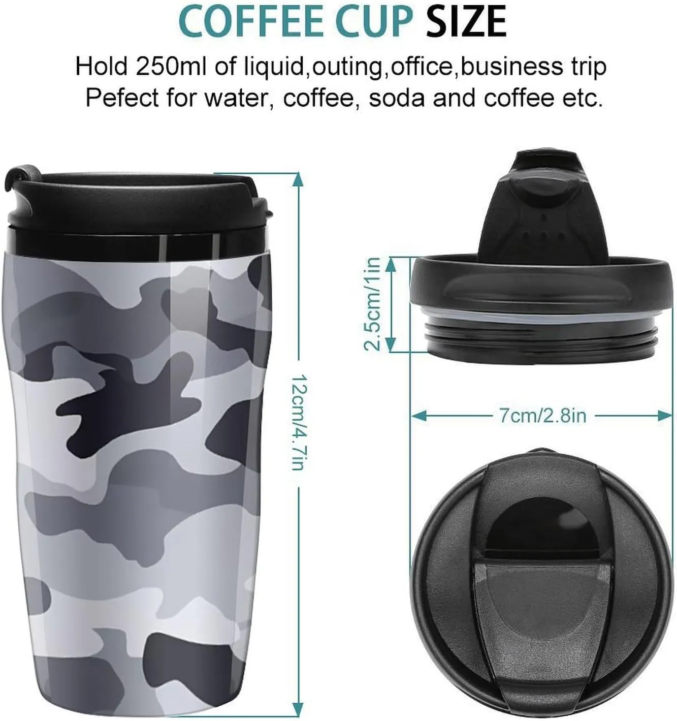 Gray Camouflage Coffee Mug with Lid Portable Tumbler Water Bottle for Travel Business 250ml
