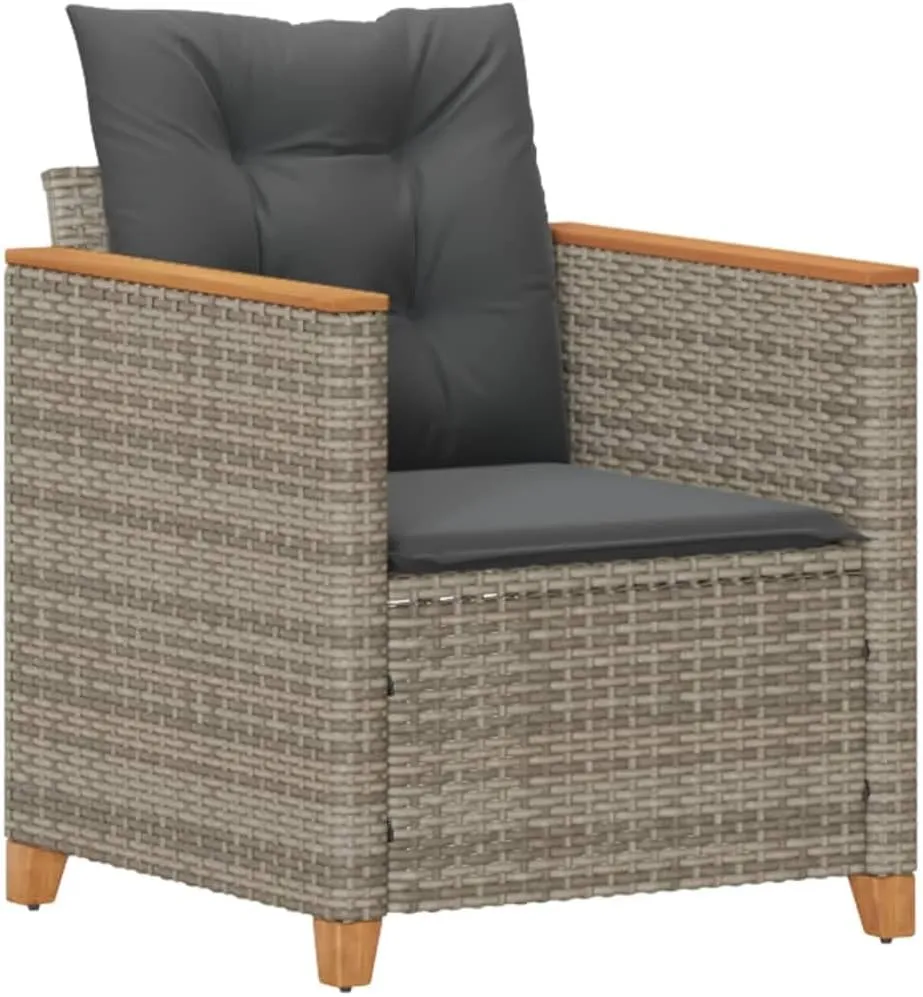 Gray PE Rattan Patio Chair with Removable Cushions, Outdoor Lounge Furniture with Steel Frame and Acacia Wood Base for Backyard Poolside Beach Camping (24"x26.4"x27.2")