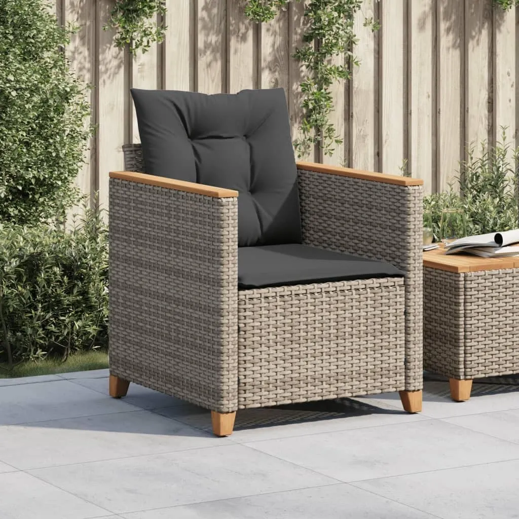 Gray PE Rattan Patio Chair with Removable Cushions, Outdoor Lounge Furniture with Steel Frame and Acacia Wood Base for Backyard Poolside Beach Camping (24"x26.4"x27.2")