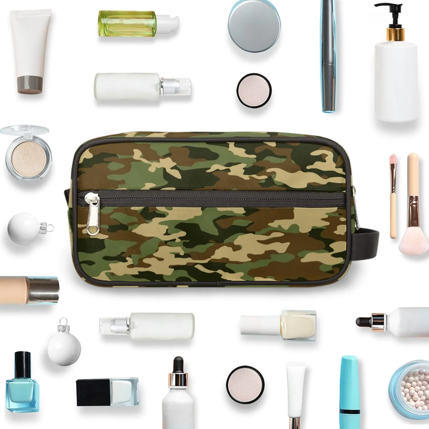 Green Camo Portable Travel Toiletry Bag, Geometry Camouflage Print Dopp Kit Cosmetic Organizer Makeup Bag Shower Shaving Bag for Men Women