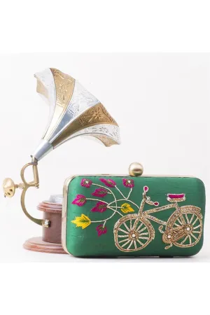 Green Color Winsome Embroidered Art Silk Clutch