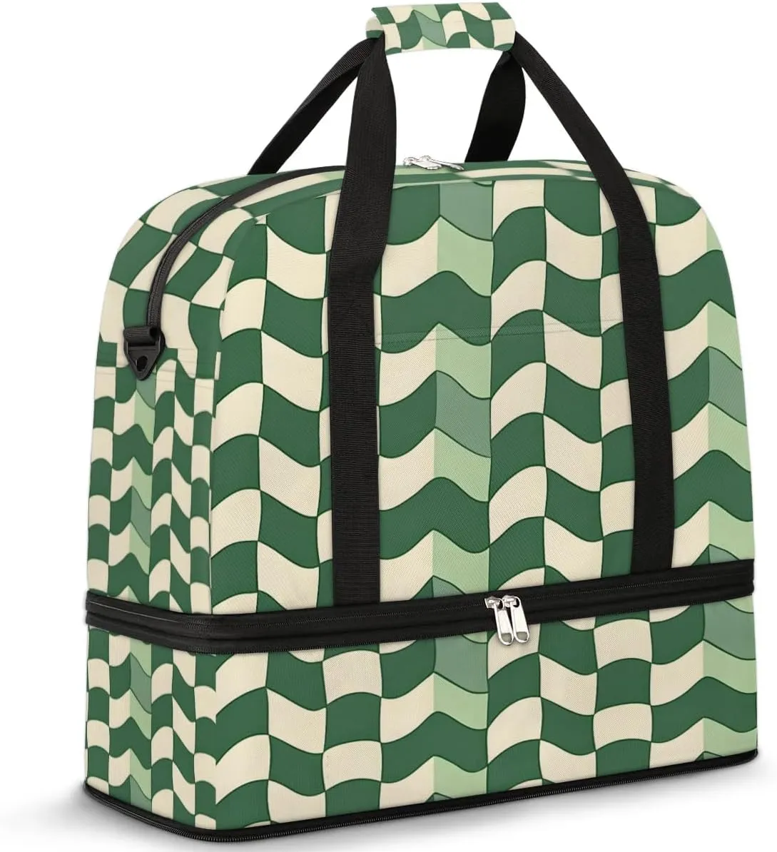 Green Curve Lattice Travel Duffel Bag for Women Men Weekender Overnight Bag with Shoe Compartment Foldable Sports Gym Luggage Bag