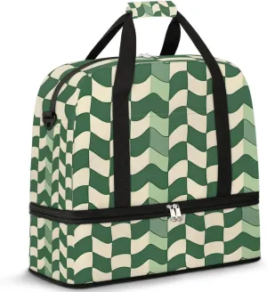 Green Curve Lattice Travel Duffel Bag for Women Men Weekender Overnight Bag with Shoe Compartment Foldable Sports Gym Luggage Bag