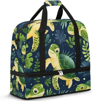 Green Sea Turtle Ocean Travel Duffel Bag for Women Men Weekender Overnight Bag with Shoe Compartment Foldable Sports Gym Luggage Bag