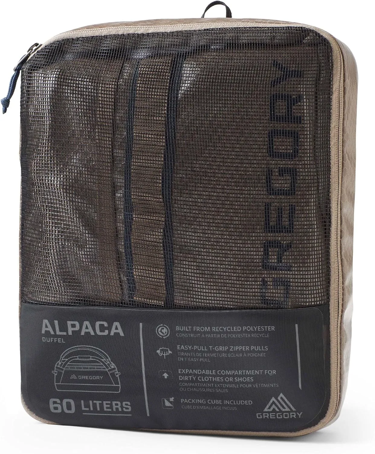 Gregory Alpaca 60L Water-Resistant Adventure Travel/Gear Organization Duffel Bag with Packing Cube Included, Mirage Tan